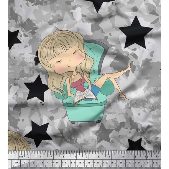 Soimoi Rayon Fabric Star,Cloud & Sleepy Girl Decor Fabric Printed Yard 42 Inch Wide