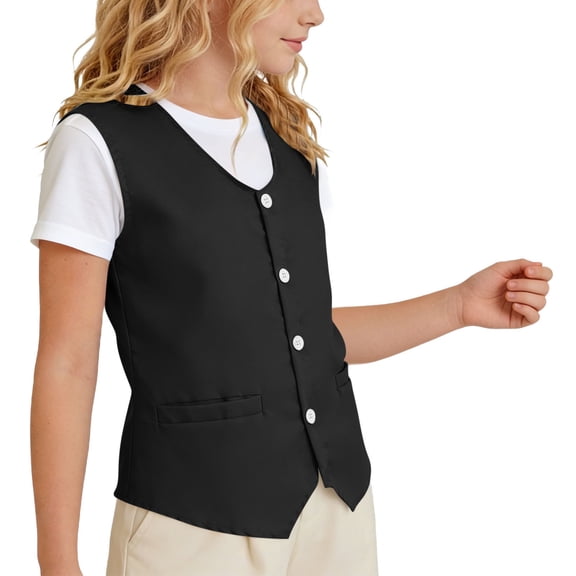 dazeni Boys Girls V Neck Button Down Vest Volunteer Activity Uniform Waistcoat Solid Casual Sleeveless Vest Outwear for Travel Black 3-4Years