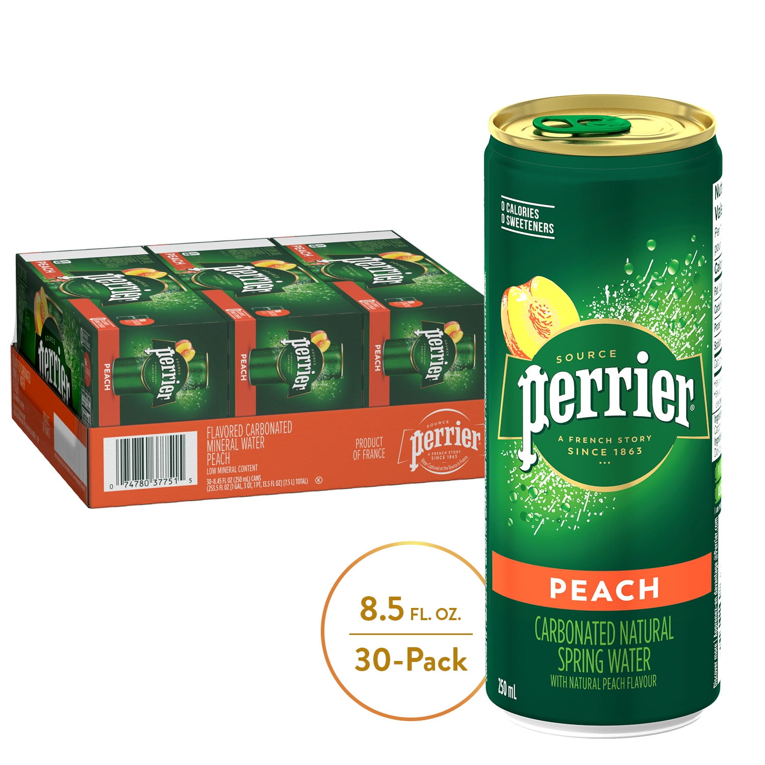 Perrier Peach Carbonated Sparkling Mineral Water, 8.45 Fl Oz, 30 Count Bottles