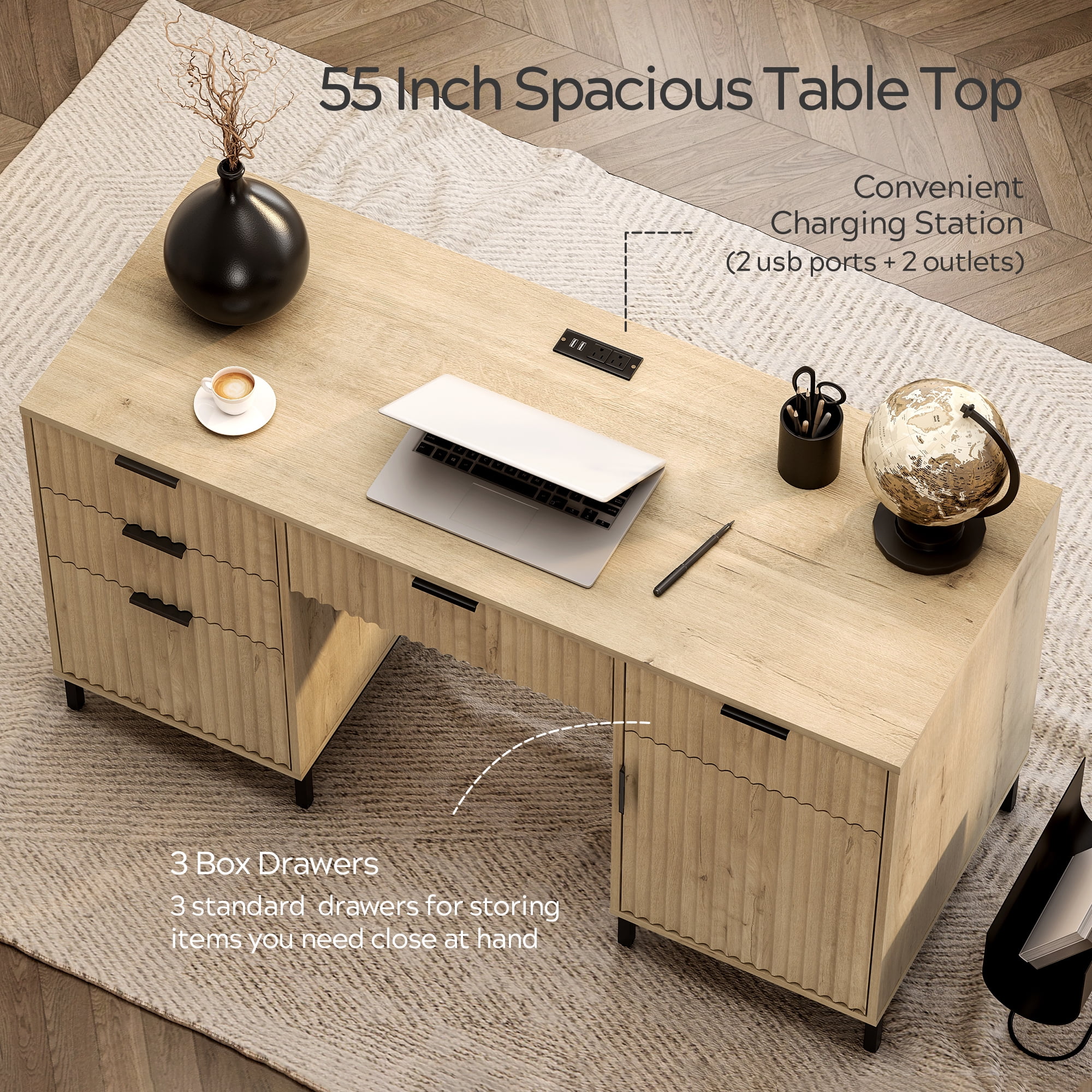 EYYTHUNG 55" Fluted Executive Desk, Modern Wood Computer Writing Desk Home Office Desk with Charging Station, Keyboard Tray, Storage Cabinet Light Oak