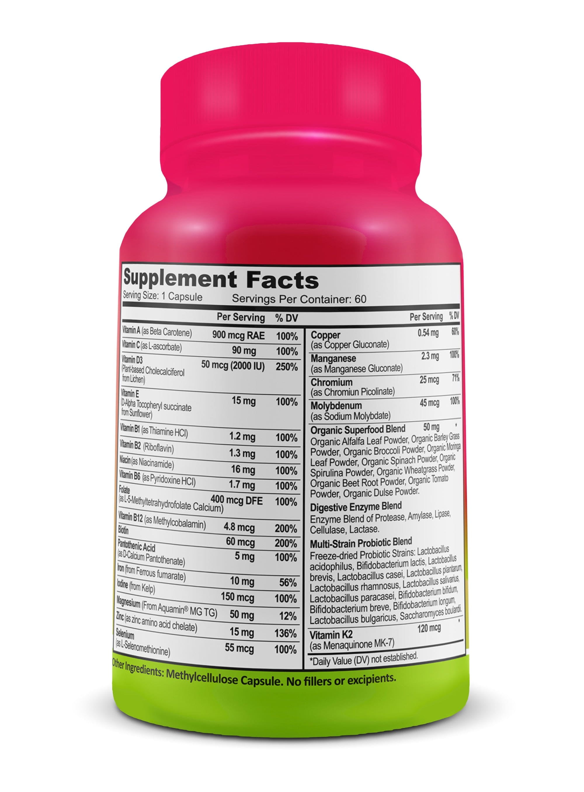 Women's Daily Multivitamin - Vegan Multivitamin for Women, Optimal Health and Immune Support, Energy Boost, Made with Fruits & Vegetables, B-Complex, Probiotics, Enzymes, CoQ10, Non-GMO, 60 Count