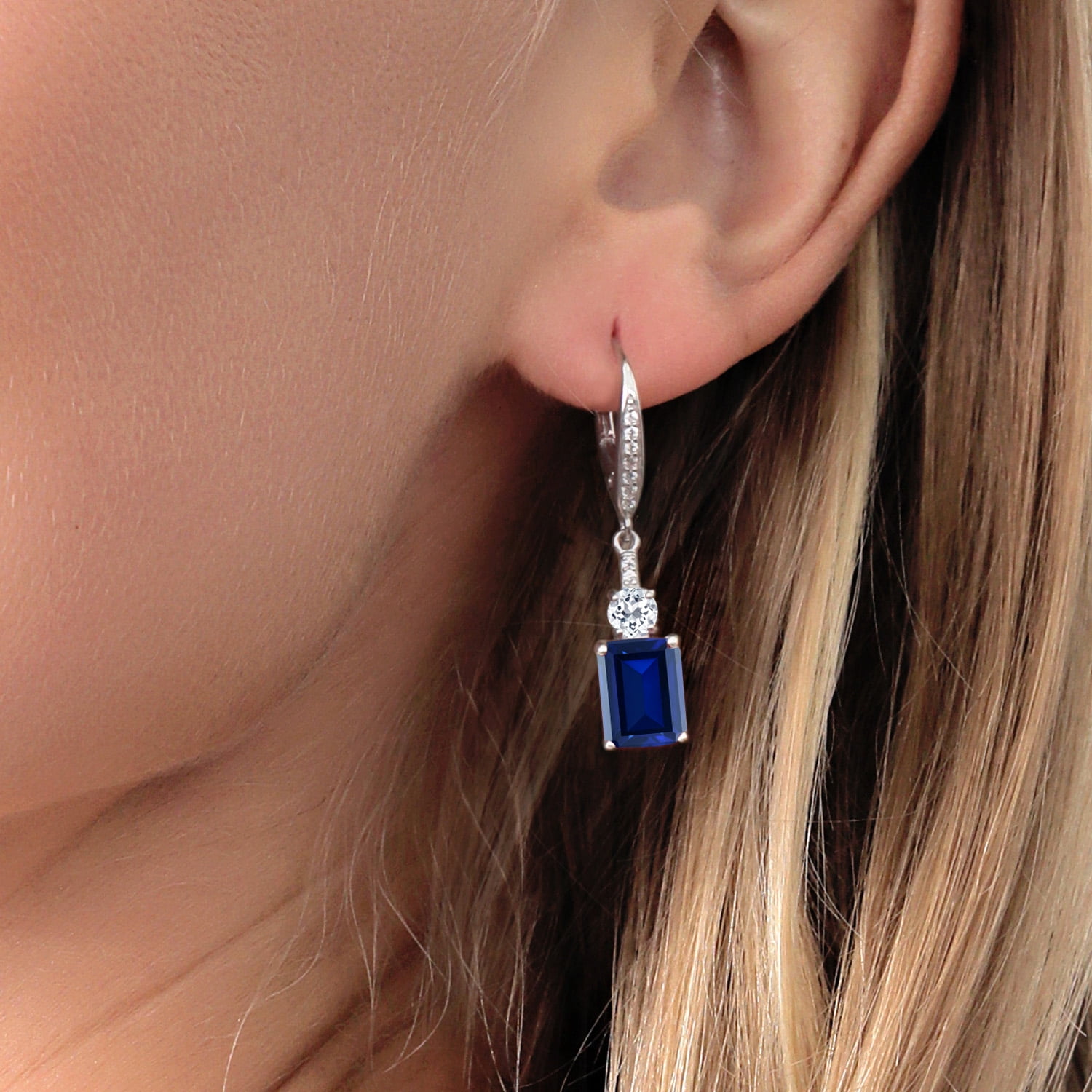 Gem Stone King 925 Sterling Silver Blue Created Sapphire and White Topaz Dangle Earrings for Women (6.06 Cttw, Gemstone September Birthstone, Octagon 9X7MM)