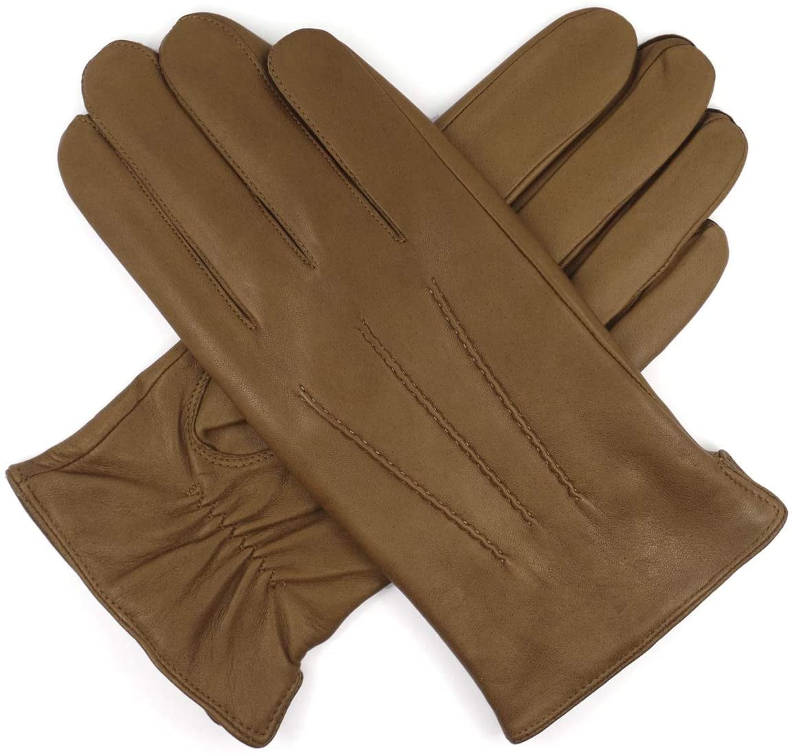 Mens Luxury Italian Sheepskin Leather Gloves Vintage Finished Cashmere Lined, Light Brown, M