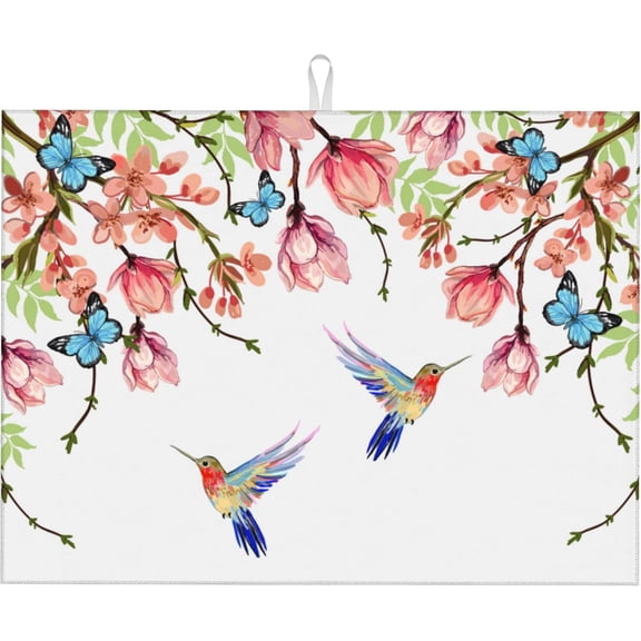Large Dish Drying Mat for Kitchen Counter,18"X24" Wisteria Magnolia Hummingbird Butterfly Absorbent Reversible Microfiber Dish Drying Mat Dish Drainer Mat Drying Pad for Kitchen Countertop Coffee Bar