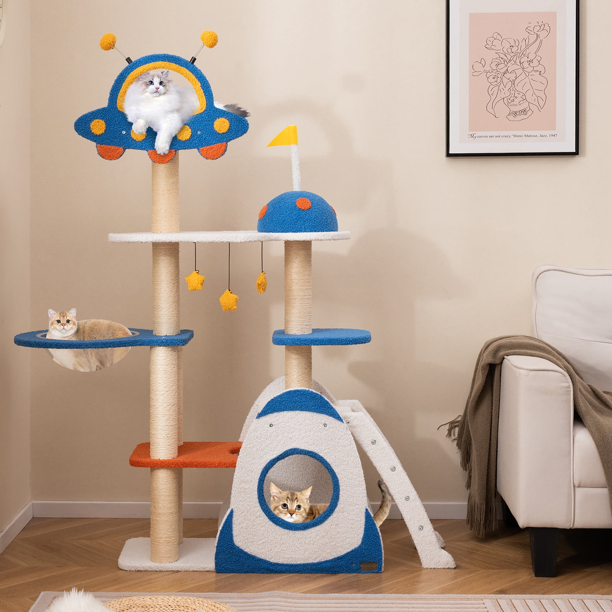Gymax Space Theme Cat Tree w/ Sisal Covered Scratching Posts UFO-shaped Top Perch