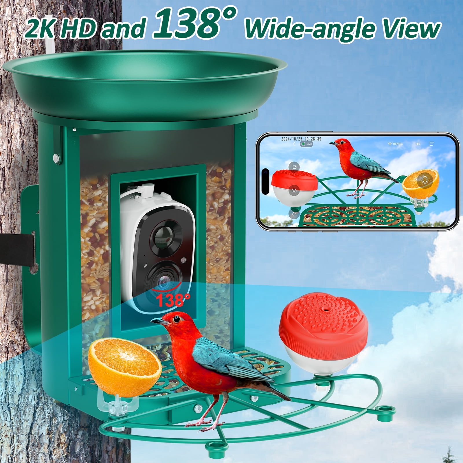Bird Feeder with Camera, 2K Birds Camera with 3-in-1 Feeding, Drinking, and Bathing | AI Bird Identify, Real-Time Monitoring | IP65 for Outdoors