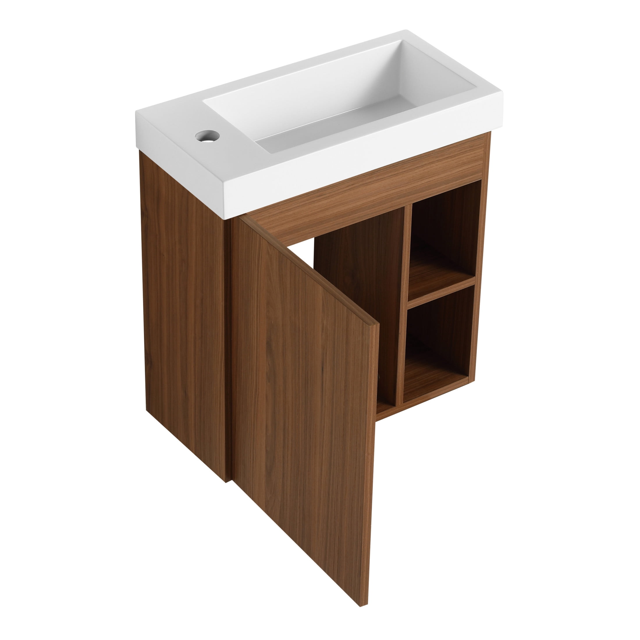 Noble House 20" Floating Bathroom Vanity, White Resin Sink, Soft-Close Door, Open Shelves, Wall-Mounted, Walnut