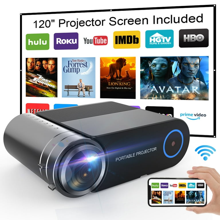 Projector with 120 Inch Projector Screen, 1080P Full HD Supported WiFi Video Projector, Mini Movie Projector with Stick HDMI VGA USB TF AV, for Home Cinema Outdoor Indoor Movie -