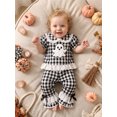 thumbnail image 4 of RUINIXCW Toddler Baby Girl Halloween Outfit Infant Baby Girl Summer Fall Clothes Cute Pumpkin Ghost Embroidery Short Sleeve Plaid Shirt Tops Flared Pants Set, 4 of 9