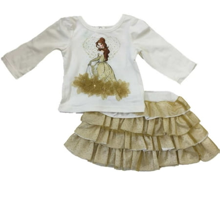 Infant Toddler Girls Disney Gold Beauty Belle Shirt & Ruffle Tutu Skirt Outfit