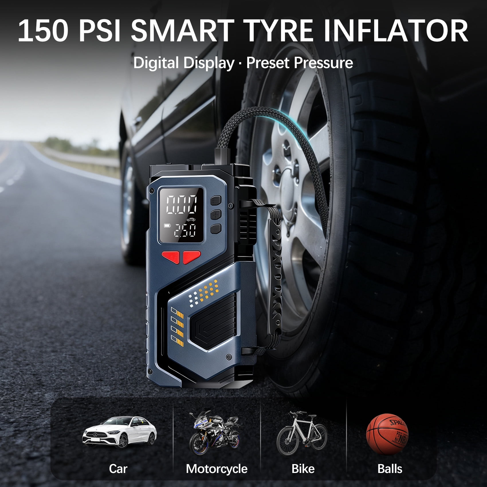 Portable Jump Starter with Air Compressor, 6000mAh 12V Car Battery Jumper for 4.0L Gas/2.5L Diesel, Smart Clamp, LED Display, SOS Flashlight with Storage Case