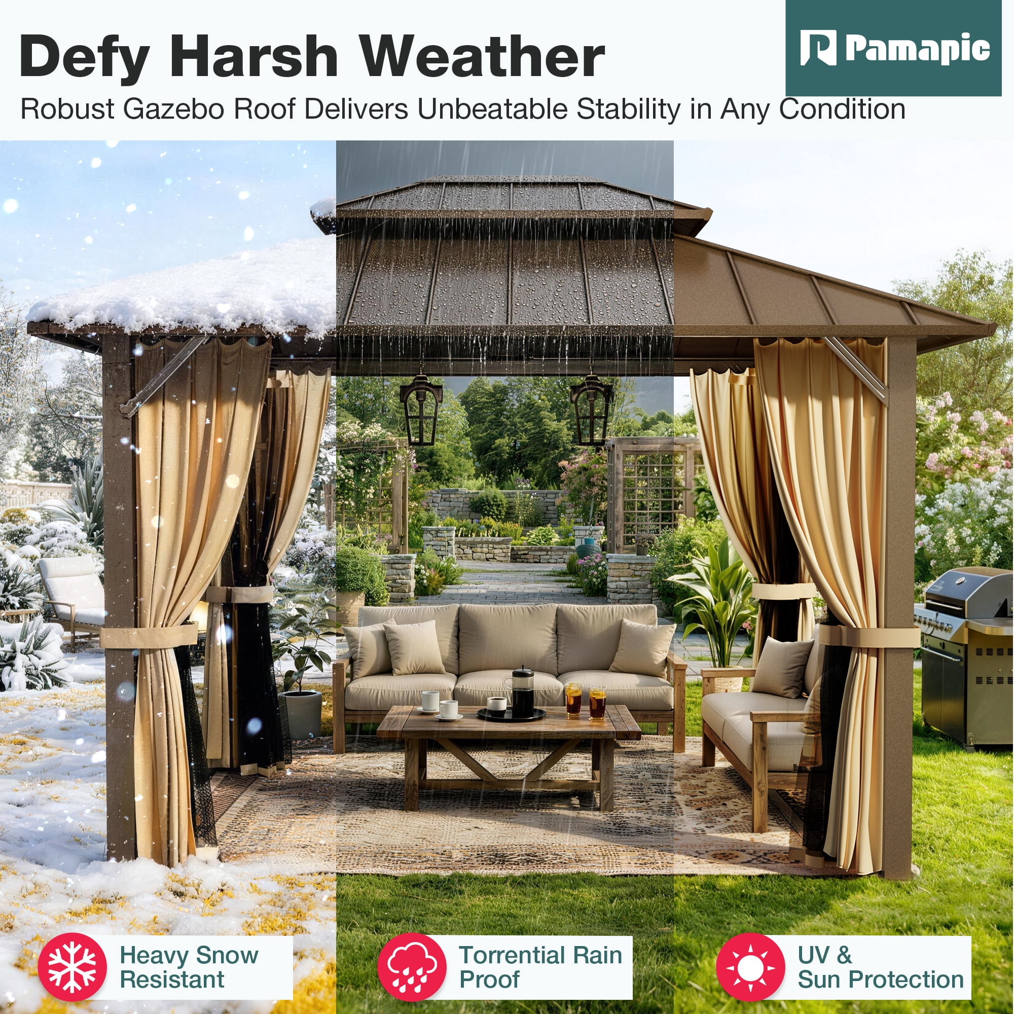 Pamapic 10x12 FT Hardtop Gazebo, Galvanized Steel Double Roof Outdoor Pavilion with Breathable Netting and Privacy Curtain, Brown for Patio, Backyard, Deck, Lawn