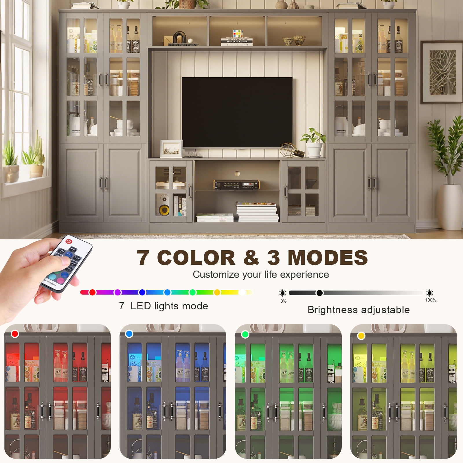 MEISSALIVVE 4-Piece Wall Unit TV Stand with Storage & LED Lights for TVs up to 75", Modern Entertainment Center with Bookshelves & 4-Door Pantry Cabinet, Gray