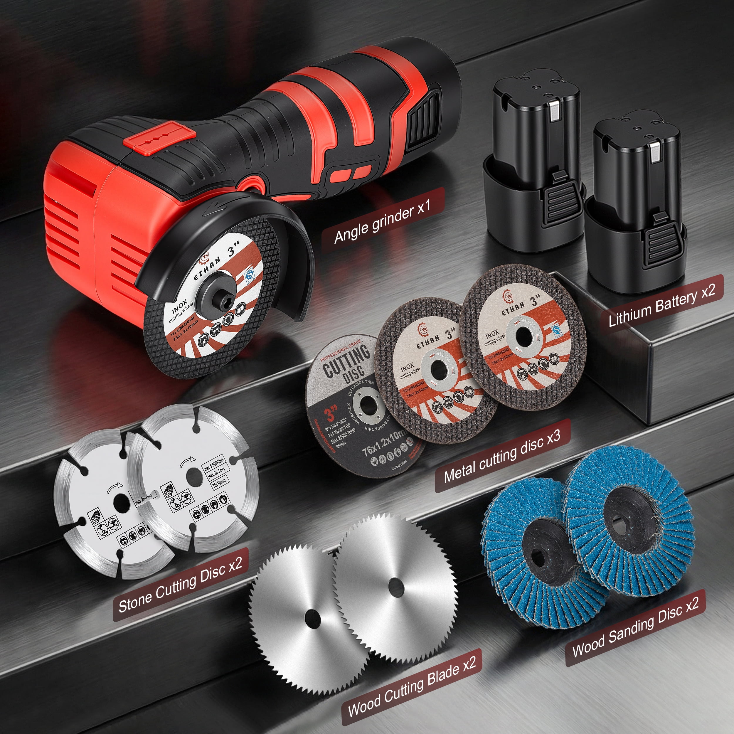 RELOIVE Angle Grinder Kit,28000RPM 4-in-1 Cordless Mini Electric Angle Grinding Tool with 2pcs 16.8V 2.0Ah Battery,9 Pcs Cutting Discs for Cutting Metal, Wood, Stone, DIY & Home Repair
