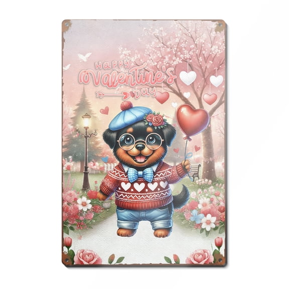 Happy Valentine’s Day Adorable Rottweiler Puppy Holding Heart Balloon Vertical Metal Aluminum Sign Rottie Dog Lover Gifts Idea Wall Art Home Decor - 00030
