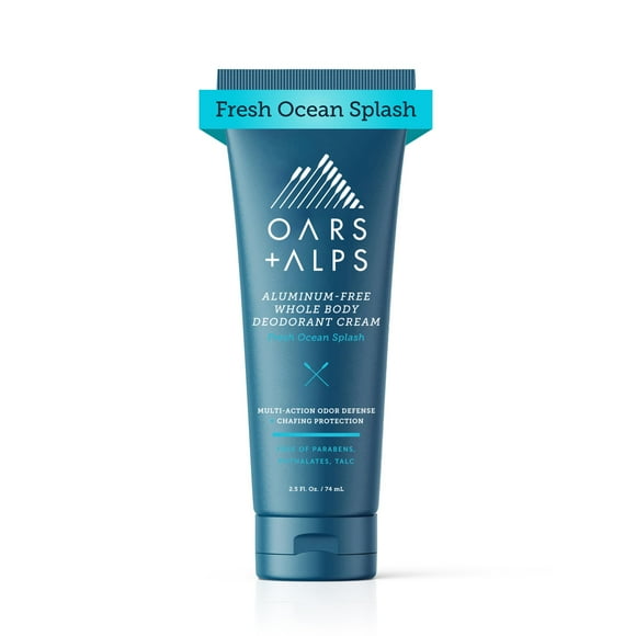 Oars Alps Crema desodorante para todo el cuerpo para hombres - Defensa de olores multiacción - Antirozaduras sin bicarbonato de sodio y aluminio - Tubo de 2.5 onzas - Fresh Ocean Splash