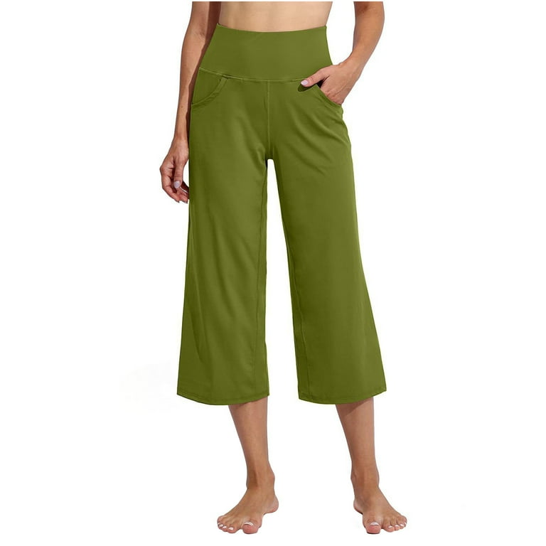 QLEICOM Women's Capri Yoga Pants Wide Leg Drawstring Loose Comfy Lounge  Pajama Capris Sweatpants with Pockets Army Green 3XL, US Size 14 