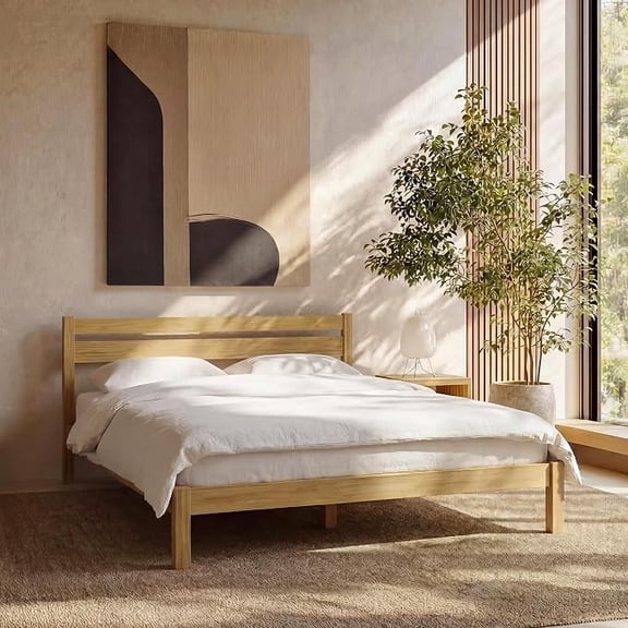 LIFEMENT Queen Classic Wood Platform Bed Frame with Headboard, Solid Wood, No Box Spring Needed, Easy Assembly, Minimalist Modern Design, Under Bed Storage, Natural