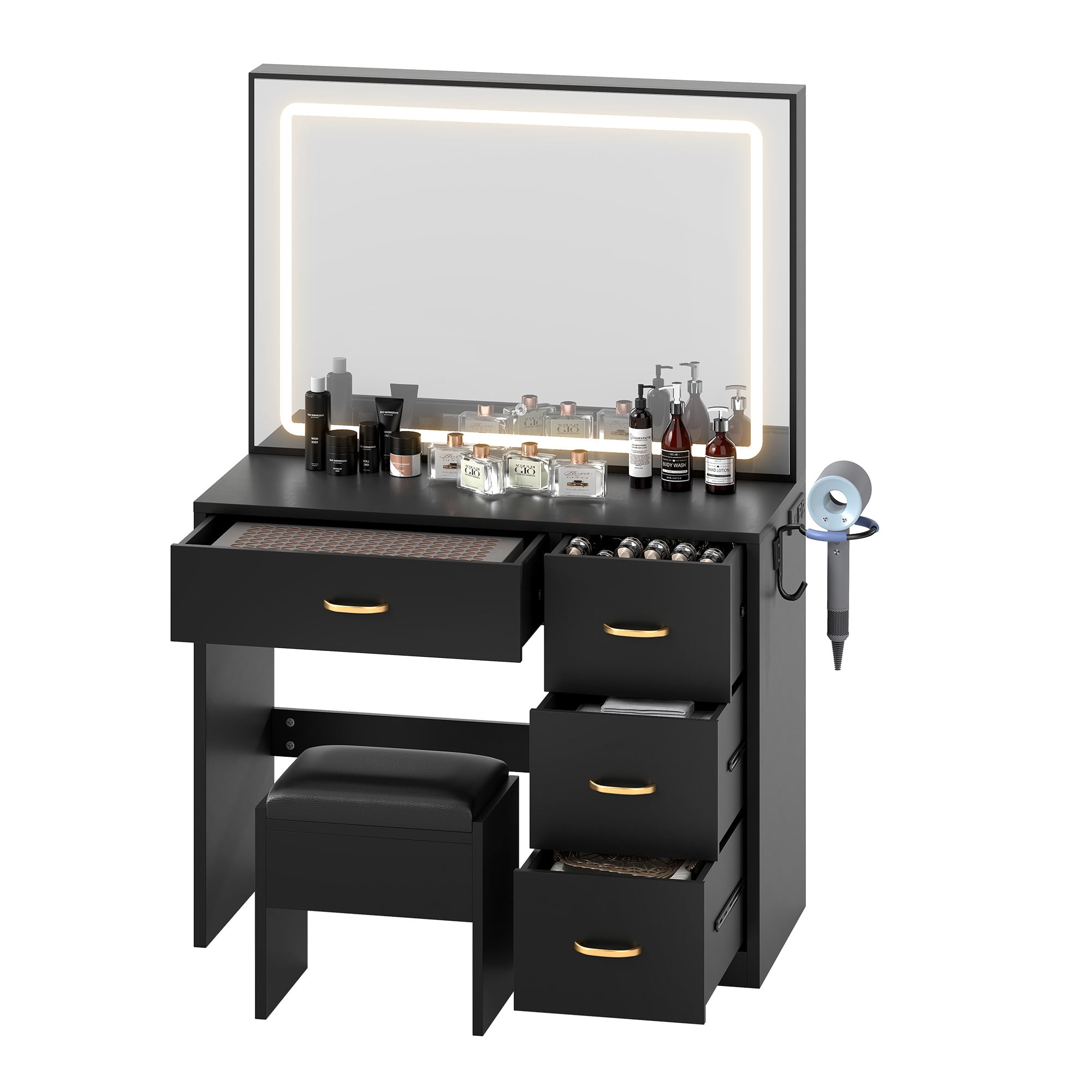 Uforic Black Makeup Vanity Desk with Lighted Mirror and Storage, 4 Drawers