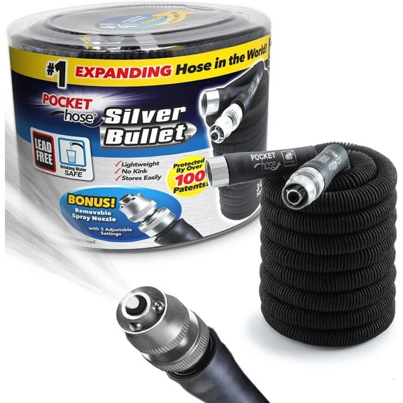 Pocket Hose Silver Bullet 50 ft Turbo Shot Nozzle Multiple Spray Patterns Expandable Garden Hose 3/4 in Solid Aluminum Fittings Lead-Free Lightweight and No-Kink,Black