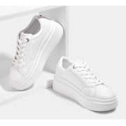 LUCKY STEP Fashion Chunky Faux Leather Sneakers Low Top Casual Shoes,White,Womens