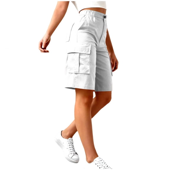 HKYNLAG Bermuda Cargo Shorts for Women Knee Length Casual Wide Leg High Waisted Hiking Work Summer Shorts with Pockets White L