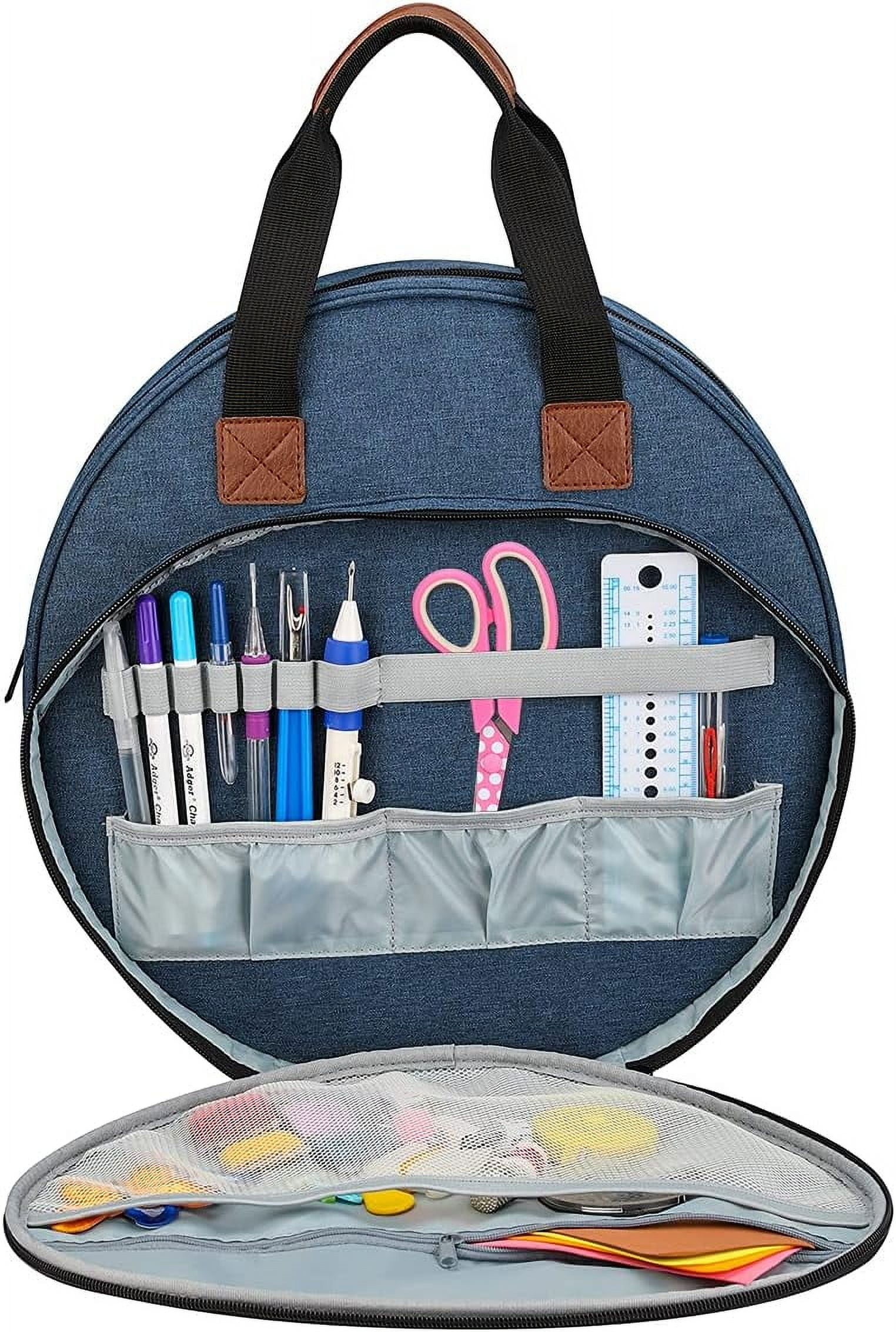 ABCISI Cross Stitch Storage Bag Blue, Embroidery Projects Bag, Sewing Crafts Storage Tote Bag, Knitting Bags with Zipper Pockets Organizer for Embroidery Hoops, Charts and Threads (Blue)
