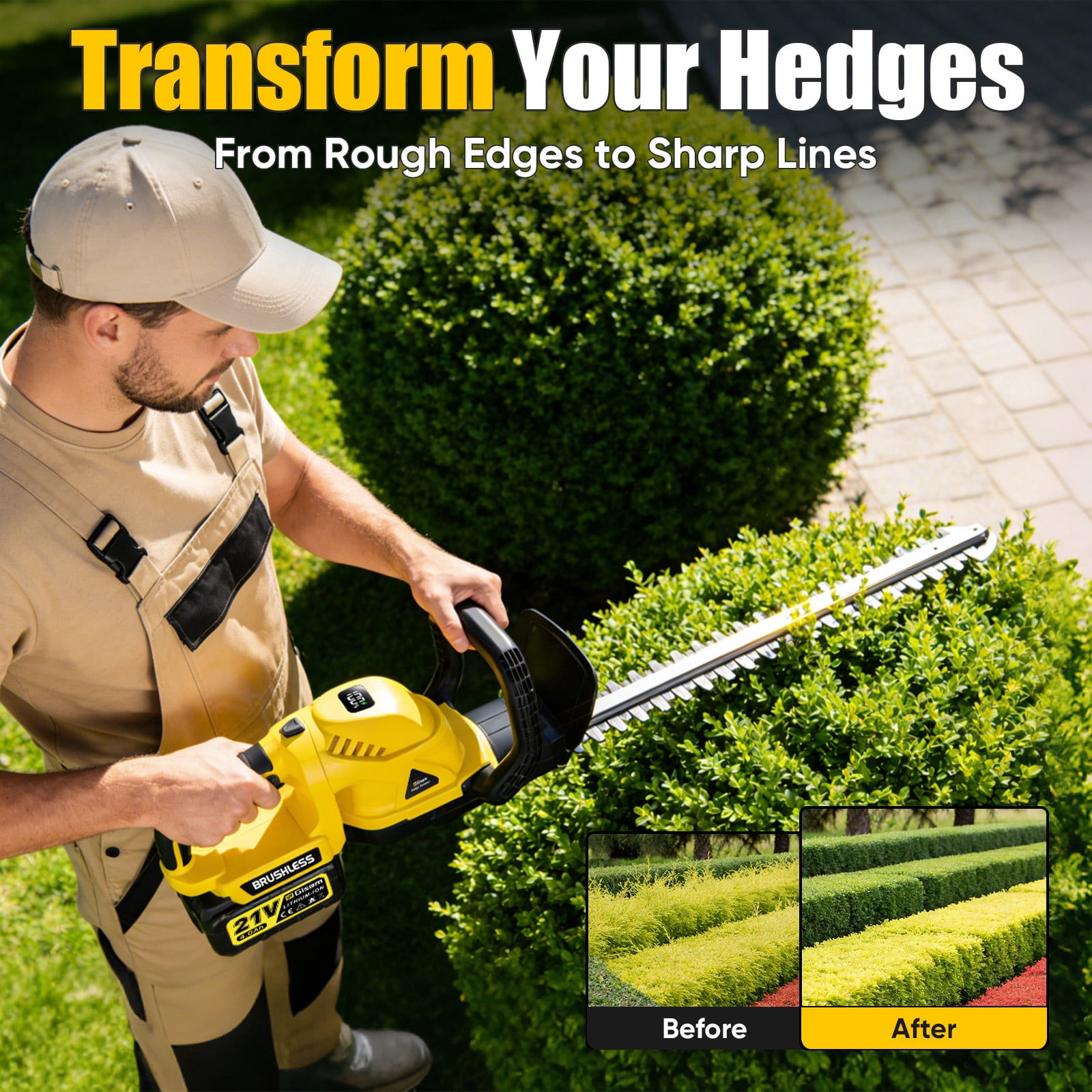 Gisam Cordless Rotary Hedge Trimmer, 21" Dual-Action Blade Electric Handheld Shrub Trimmer, with 2 x 4.0Ah Battery and Fast Charger