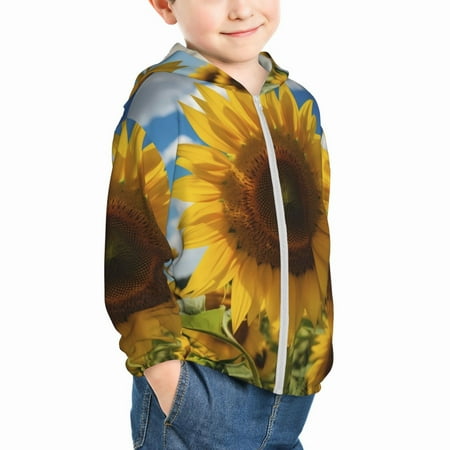 

Uemuo Sky Golden Sunflower Field Pattern Rash Guard for Boys Girls Long Sleeve Swim Shirts UPF 50+ UV Sun Protection Hooded Fishing Shirt with Pocket for Kid-4 Years