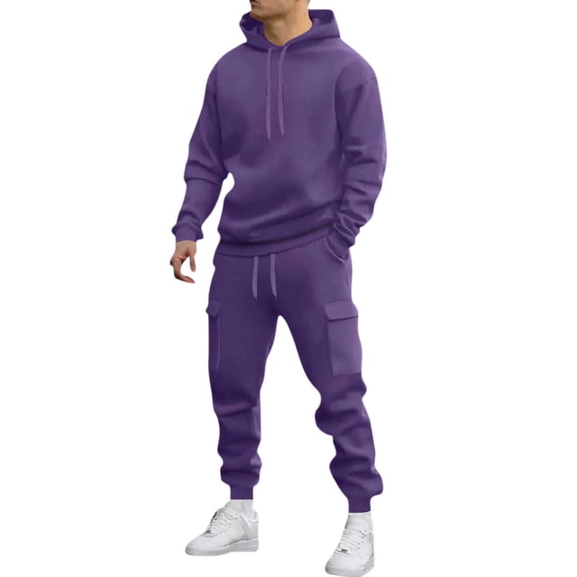 Mens Long Sleeve, Tracksuit with Hooded Pullover and Elastic Waist