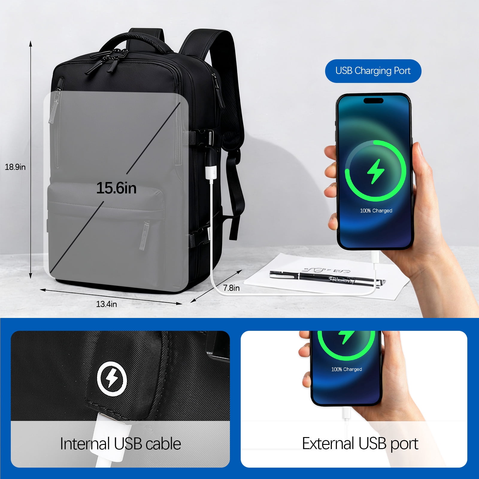 Fenbeli Expandable Travel Laptop Backpack, Fits 15.6-Inch Laptop, Water-Resistant Backpack with USB Charging Port, Anti-Theft Pocket & Luggage Strap