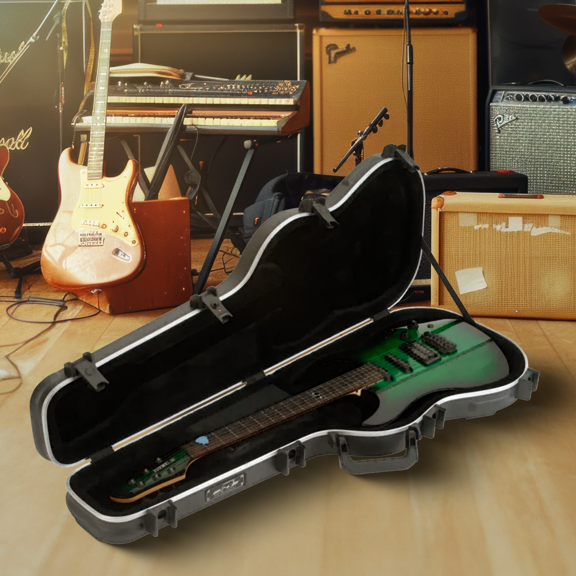 SKB Cases Shaped Standard Electric Guitar Hardshell Case with TSA Latch, Over-Molded Handle, and Oversized Compartment for Stratocaster and Telecaster Right-Handed Guitars