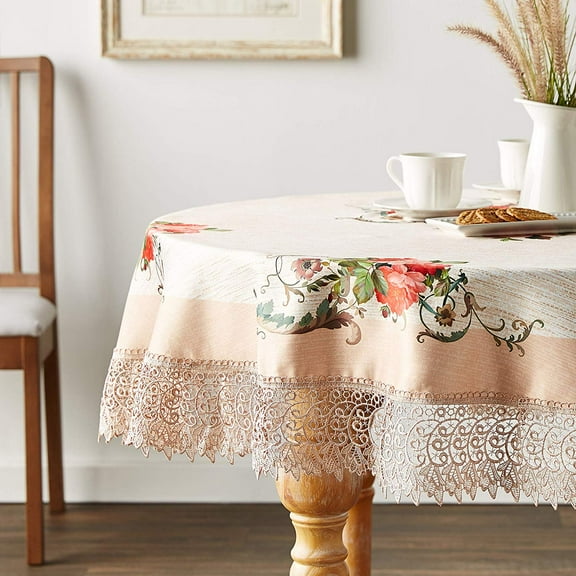 Violet Linen Decorative Printed Ascott Tablecloth with Lace Trimming, Ivory, 70" Round
