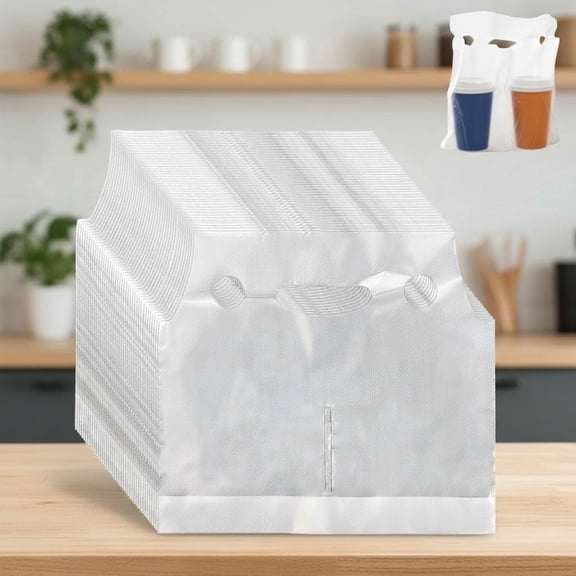 200 Pack Handle Drinking Poly Bags, Clear Plastic Packaging Bags for Delivery, 12" L x 11" H Hanging Hole Cup Carrier with Handle for Take Out, Beverage, Coffee, Juice, Stores, Hold 2 Cups