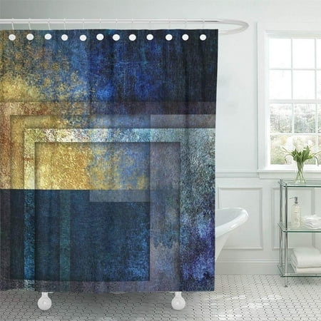 Blue And Gold Shower Curtain PKNMT Colored Shabby Dark Blue and Golden Abstract Damask Dirty Geometrical Imitation Bathroom Shower Curtains 60x72 inch ()