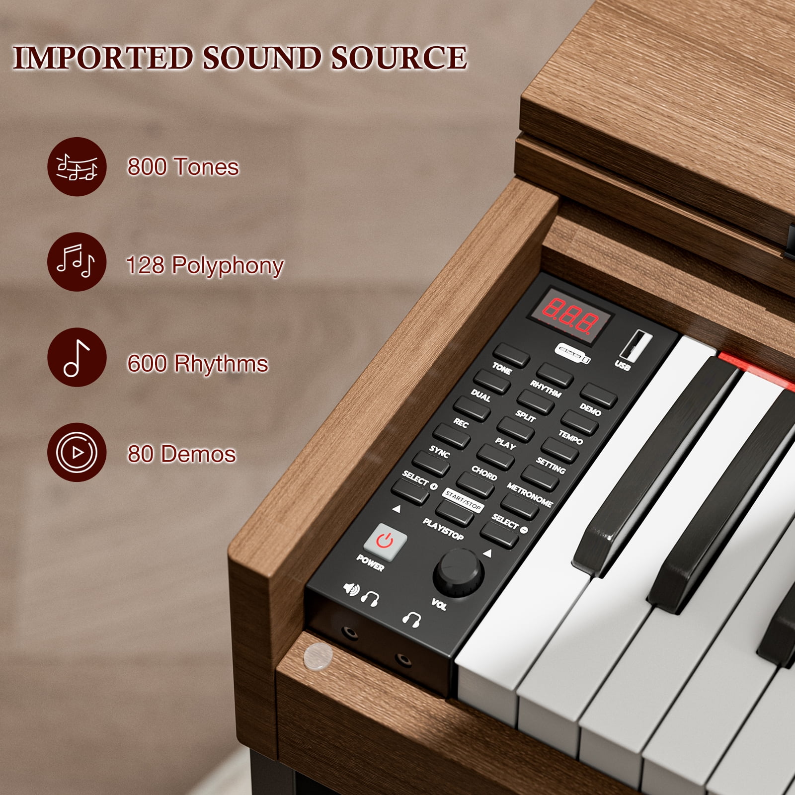 UMOMO 88 Key Digital Piano Keyboard, Full Size Electric Piano with Piano Metal Stand, Headphone Jack, 3 Pedal, Electronic Piano for Beginner, Adults, Walnut