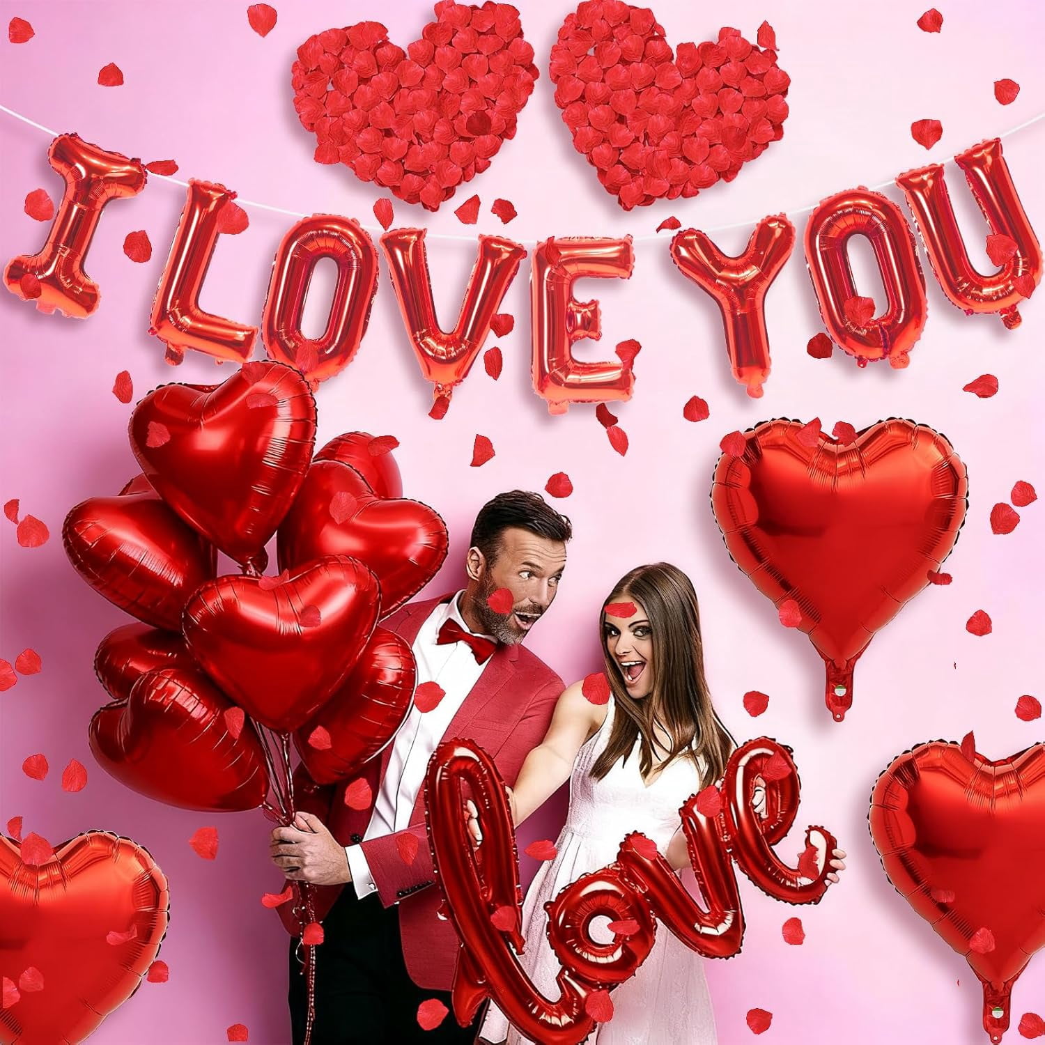 I Love You Balloons Valentines Day Balloons Red Heart Love Foil Mylar Balloon Rose Petals for Wedding Anniversary Engagement Valentine Day Romantic Decorations Party