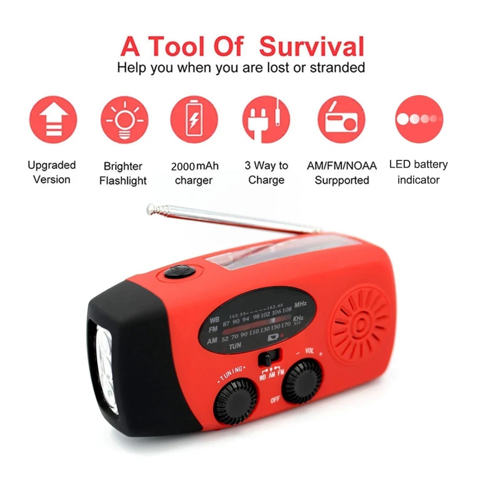 2000mAh Multifunctional Portable Solar Hand Crank Radio FM AM WB Weather Radio USB Charging Emergency Flashlight Power Bank