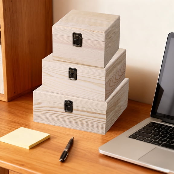 Fufafayo under $5 3Pcs Stackable Storage Box, Wooden Organizer Box, Flipping Lid Storage Container, Home Office Desk Box, Multi Size Set for Organizing, Shelves, Countertop Decor