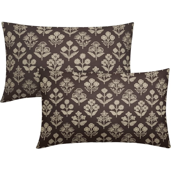 Drak Brown Pillow Covers 12x20 Inch Set of 2, Cream Floral Block Print Pattern Lumbar Decorative Throw Pillowcases Outdoor Farmhouse Rectangle Cushion Covers Spring Summer Sofa Couch Bed Decor