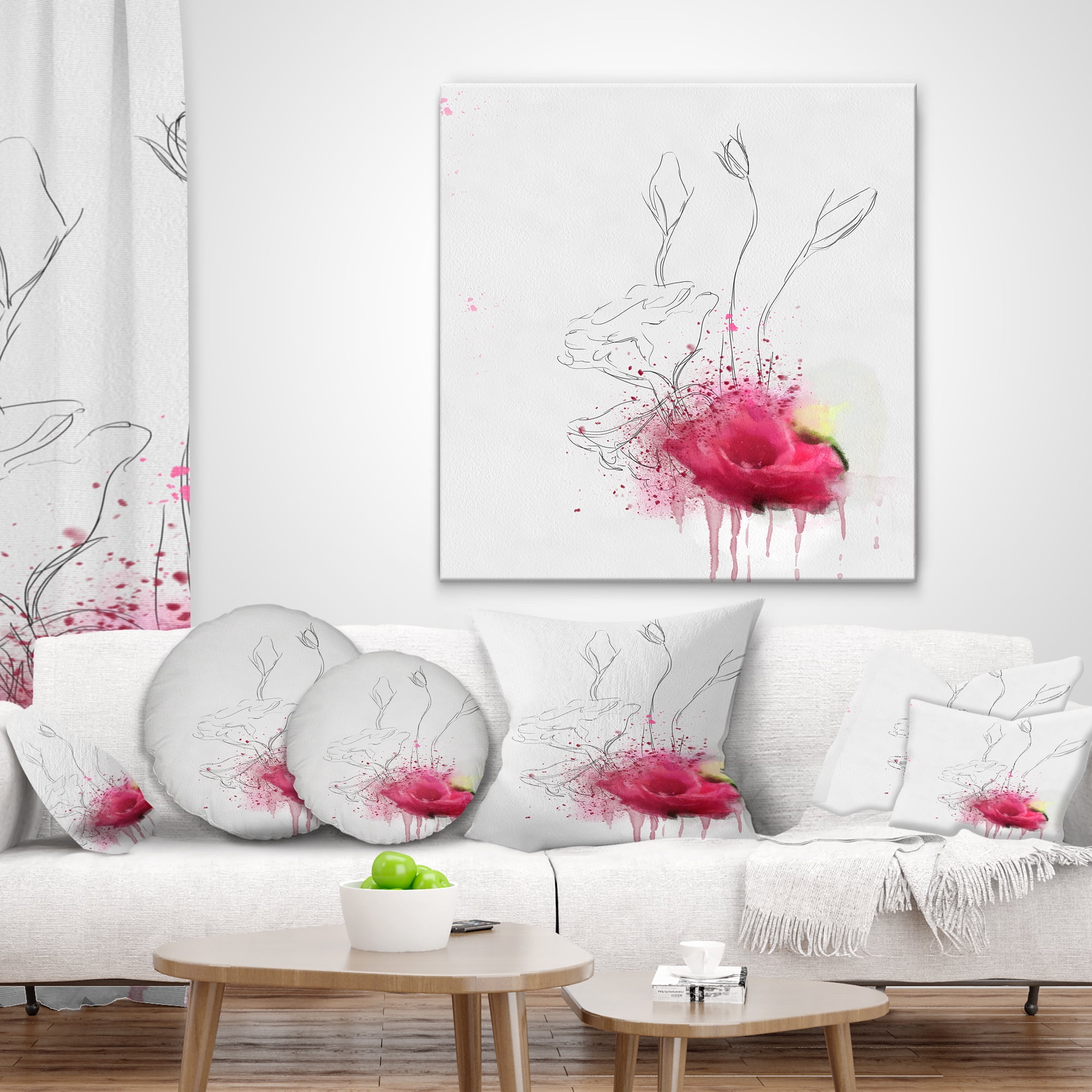 Designart Rose Flowers Sketch with Color Splashes - Floral Throw Pillow - 18x18
