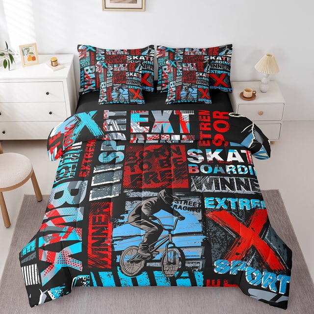 Erosebridal Ensembles de Literie pour Adolescents Taille Simple, Ensembles de Couette de Sport Extrême avec Draps, Rouge Bleu, Réversible 7 Pcs