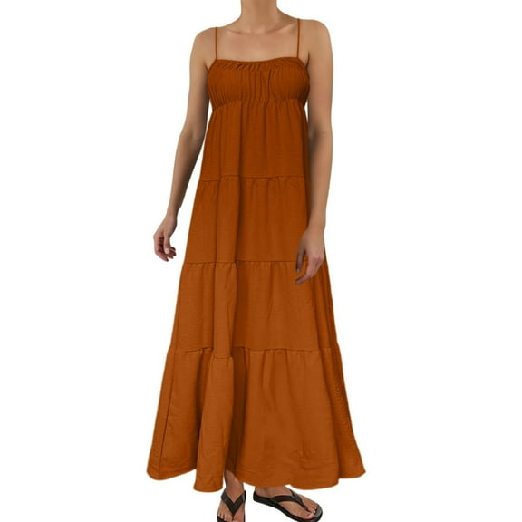 Women's Maxi Dress Contrast Trim, Spaghetti Straps, Summer Outfits for Travel/Vacation Sleeveless, Long Dress Made of Linen Material