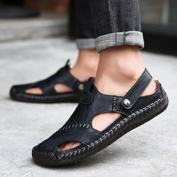 Sandalias clásicas para hombre, sandalias de playa de verano de cuero genuino para hombre, sandalias de playa suaves y cómodas para exteriores para hombre, sandalias para hombre sin cordones (26,5 cm)