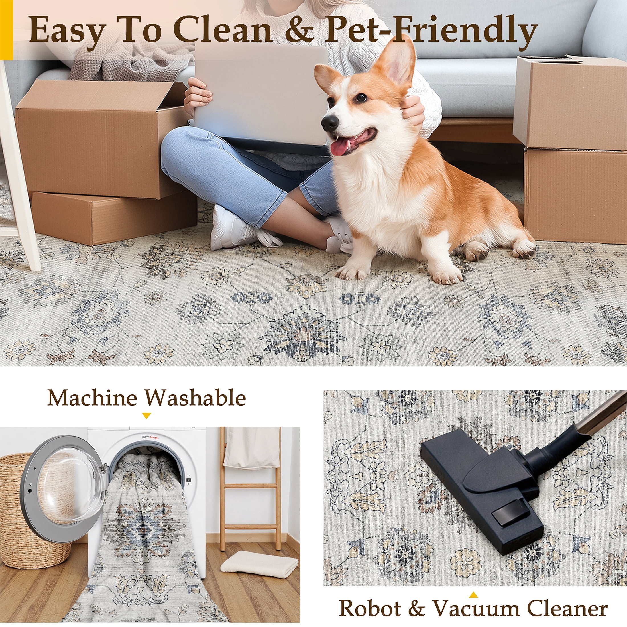 BERTHMEER 8'x10' Area Rugs for Living Room Large Vintage Gray Carpets for Bedroom Office Machine Washable Farmhouse Dining Room Oriental Rugs Non Slip Traditional Distressed Rugs