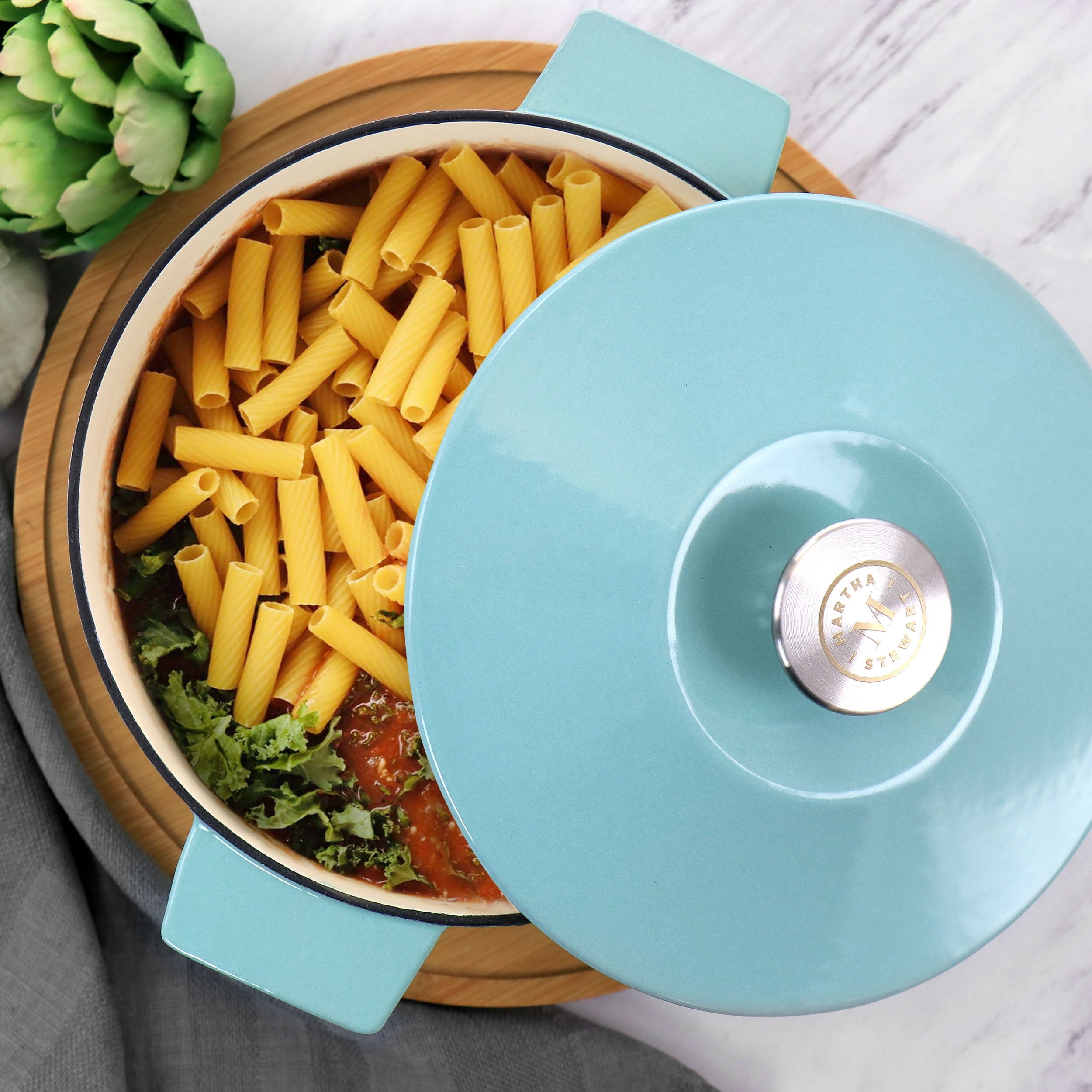 Martha Stewart Everyday Enameled Cast Iron 3 Quart Embossed Stripe Dutch Oven with Lid in Turquoise