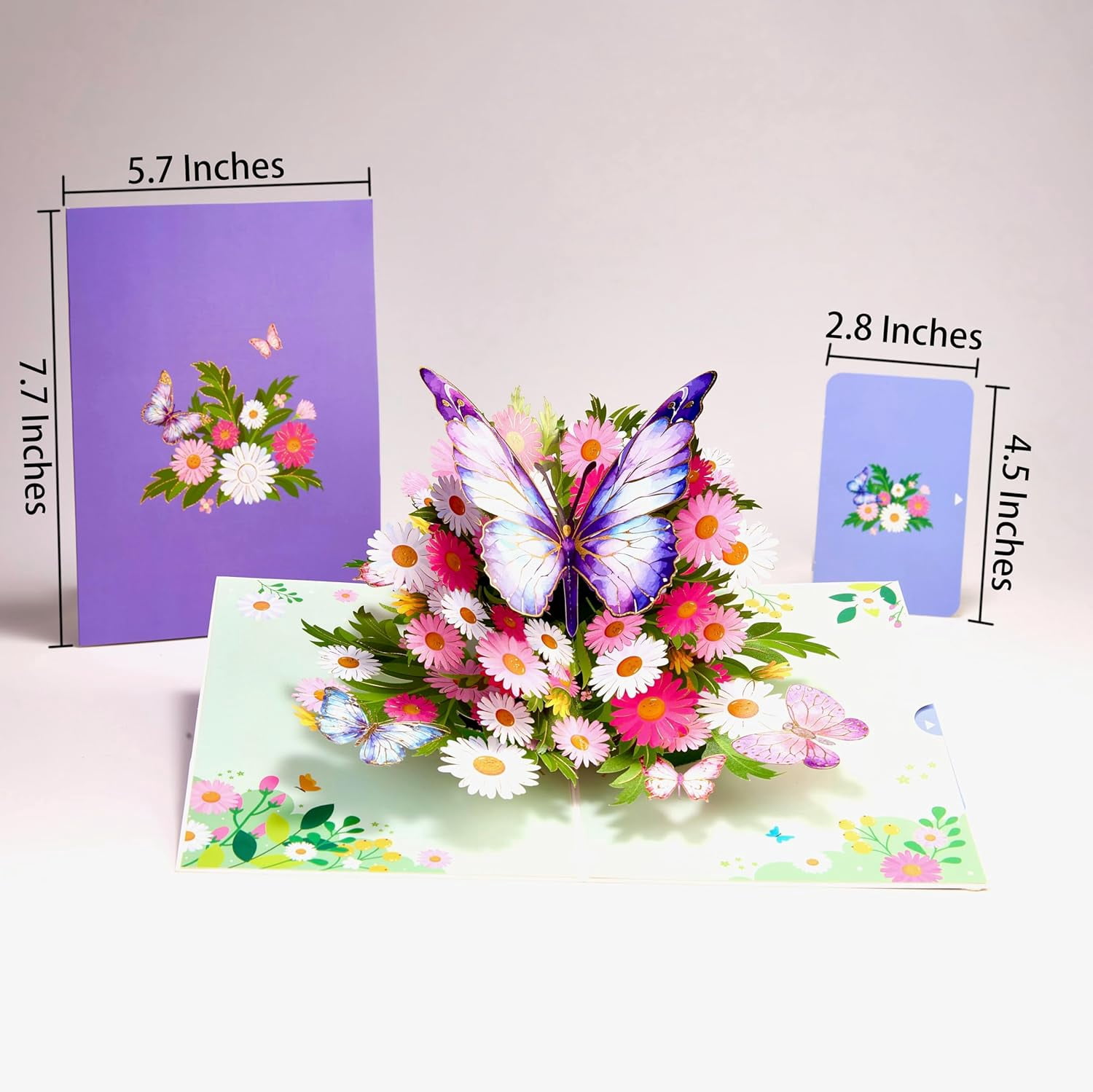 Birthday Card, Voilet Butterfly & Daisies Pop Up Card, 5x7-3D Greeting Card with Note Card & Envelope for Birthday, Thanksgiving, Christmas, Get Well, for Her, Women, Wife, Mom, Grandma