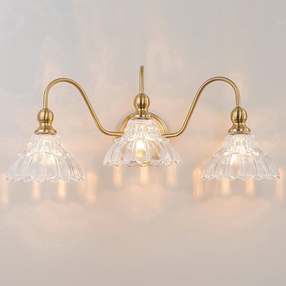 SineRise Vintage 3-Light Brass Wall Sconce Lighting with Flower Glass Shade for Bathroom Bedroom Hallway