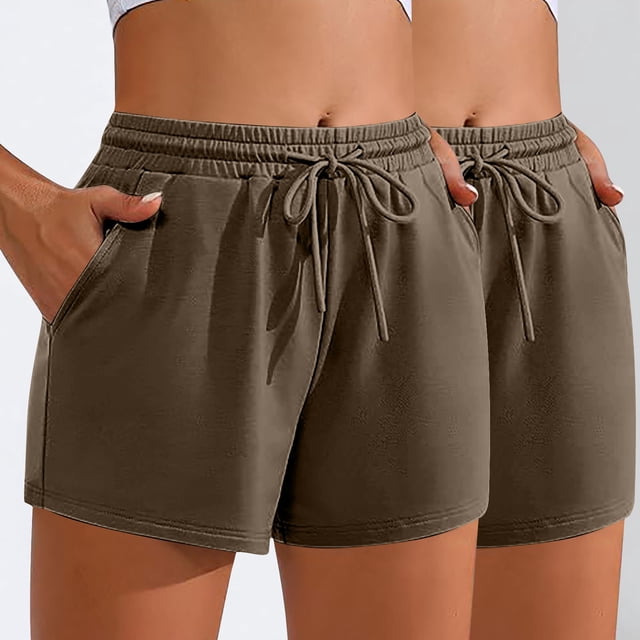 Gspmoly Shorts , 2 Pcs Shorts de Sport Décontractés à Cordon pour Femmes de Couleur Unie avec Poche Shorts de Randonnée Femmes Économies d'Été Liquidation Brun TTG