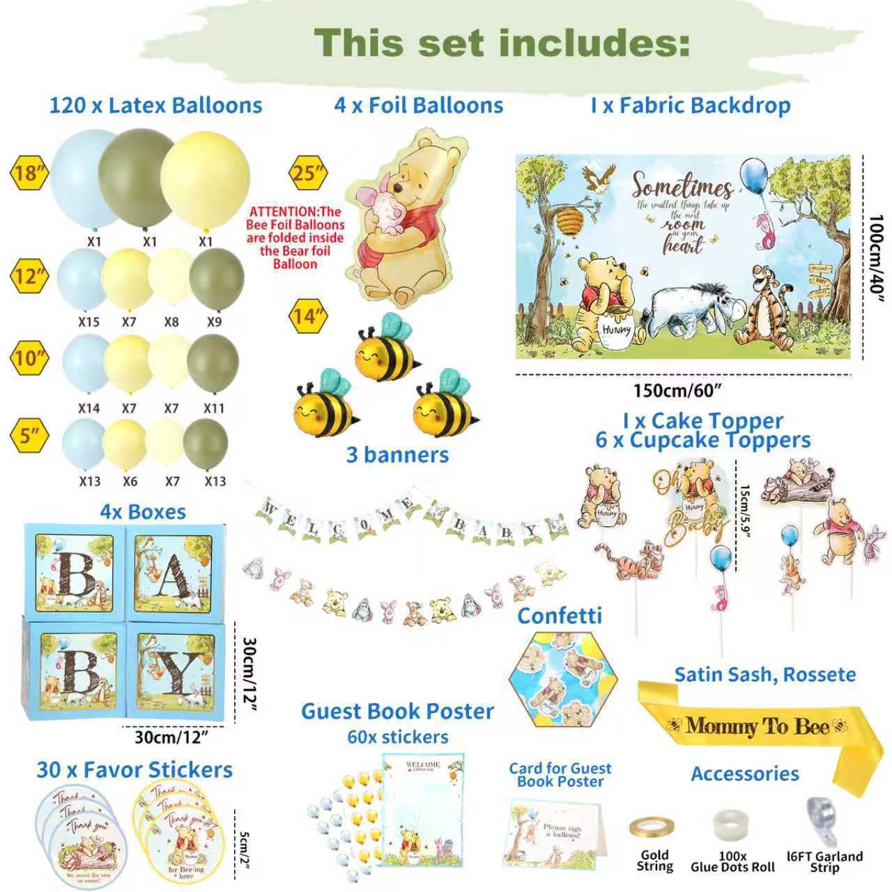 271 Pc Classic Winnie the Pooh Baby Shower Decorations for Boy, Blue Vintage Pooh Bear Balloon Arch Kit with Backdrop, Banner, Baby Boxes, Sash and Table Decorations